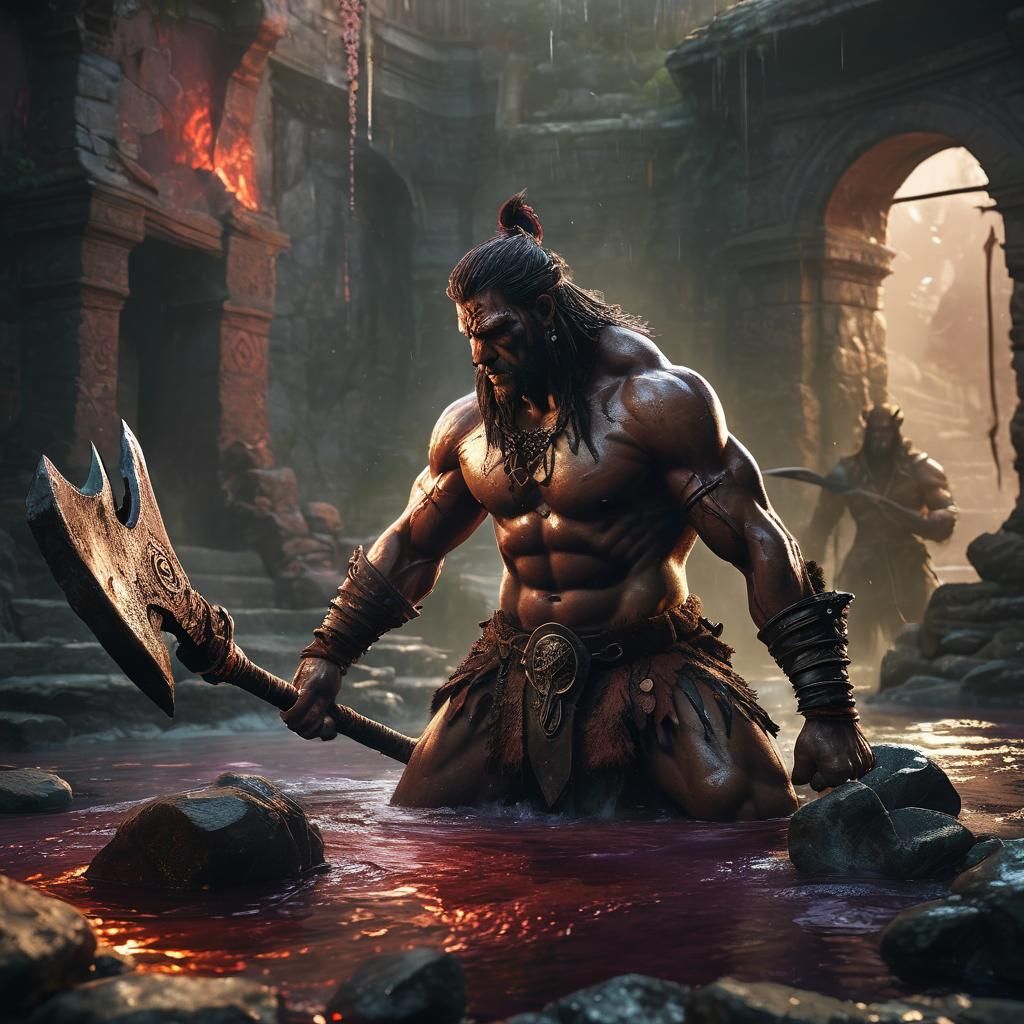 Barbarian Kneeling in Crimson Pool: Dark Fantasy Art