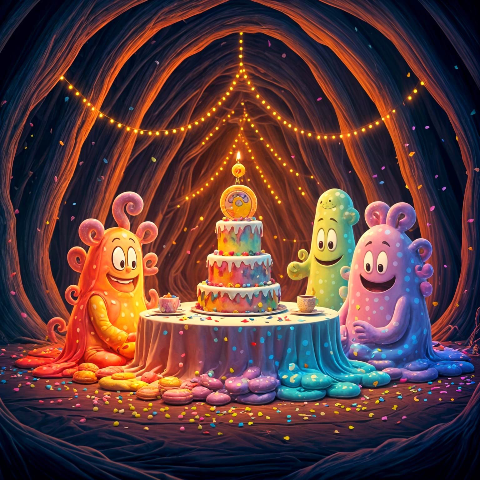 Vibrant Blob Creatures Host Whimsical Tea Party in Cave