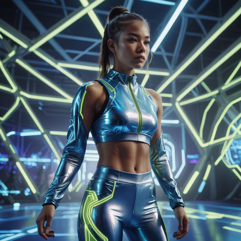 Cyberpunk Woman in Neon-lit Sports Arena