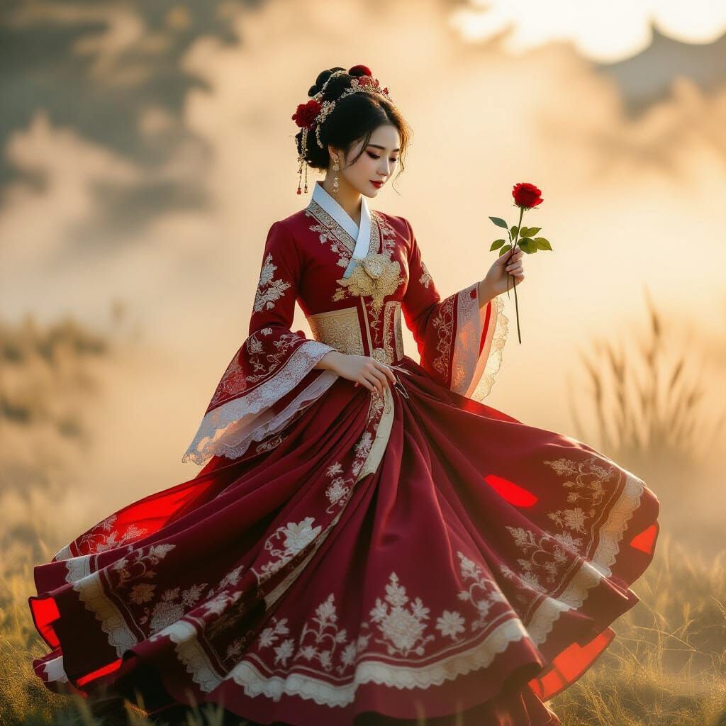 Korean Woman Dancing in Red Dress in Morning Mist