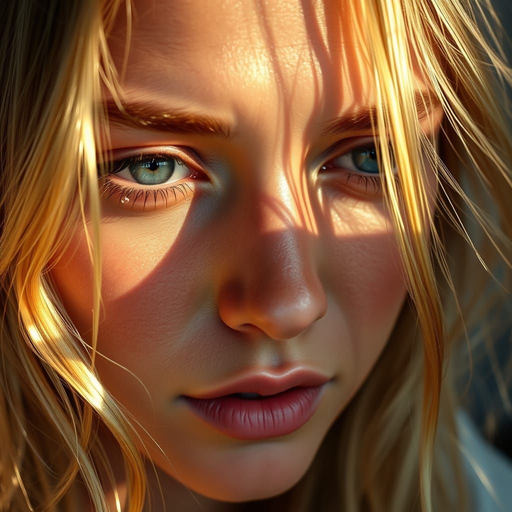 Hyperrealistic Portrait of a Blonde Woman Captured in Candid...