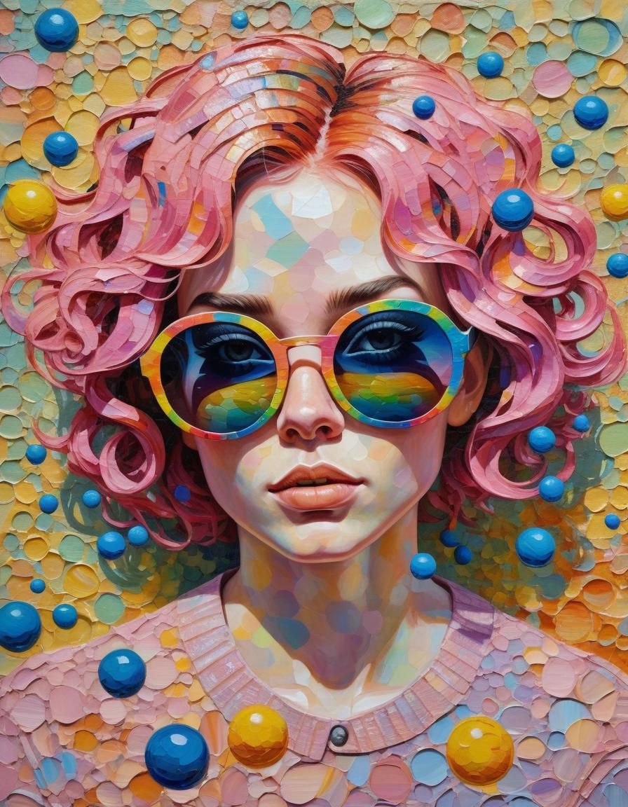 Impasto Portrait of Girl with Pink Hair and Bubbles