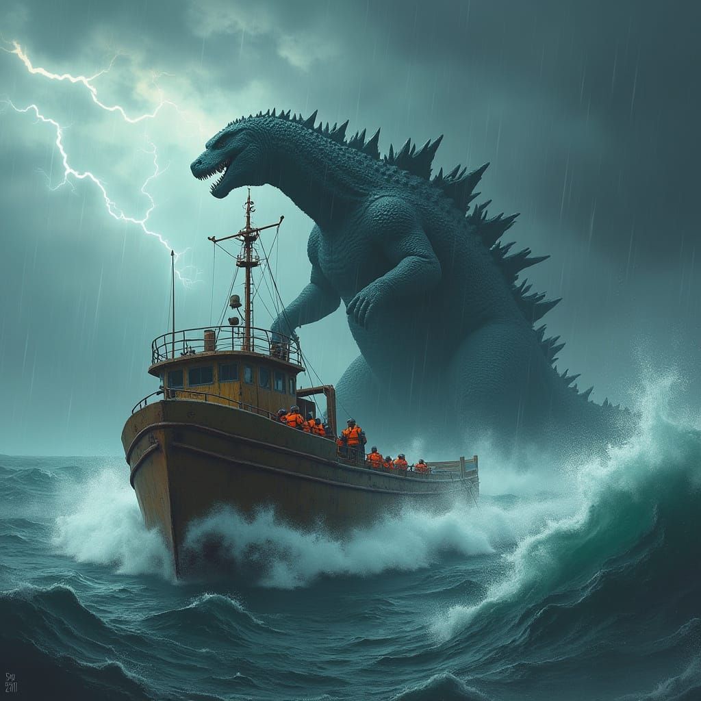 Godzilla in Stormy Sea Hyperrealistic Photo