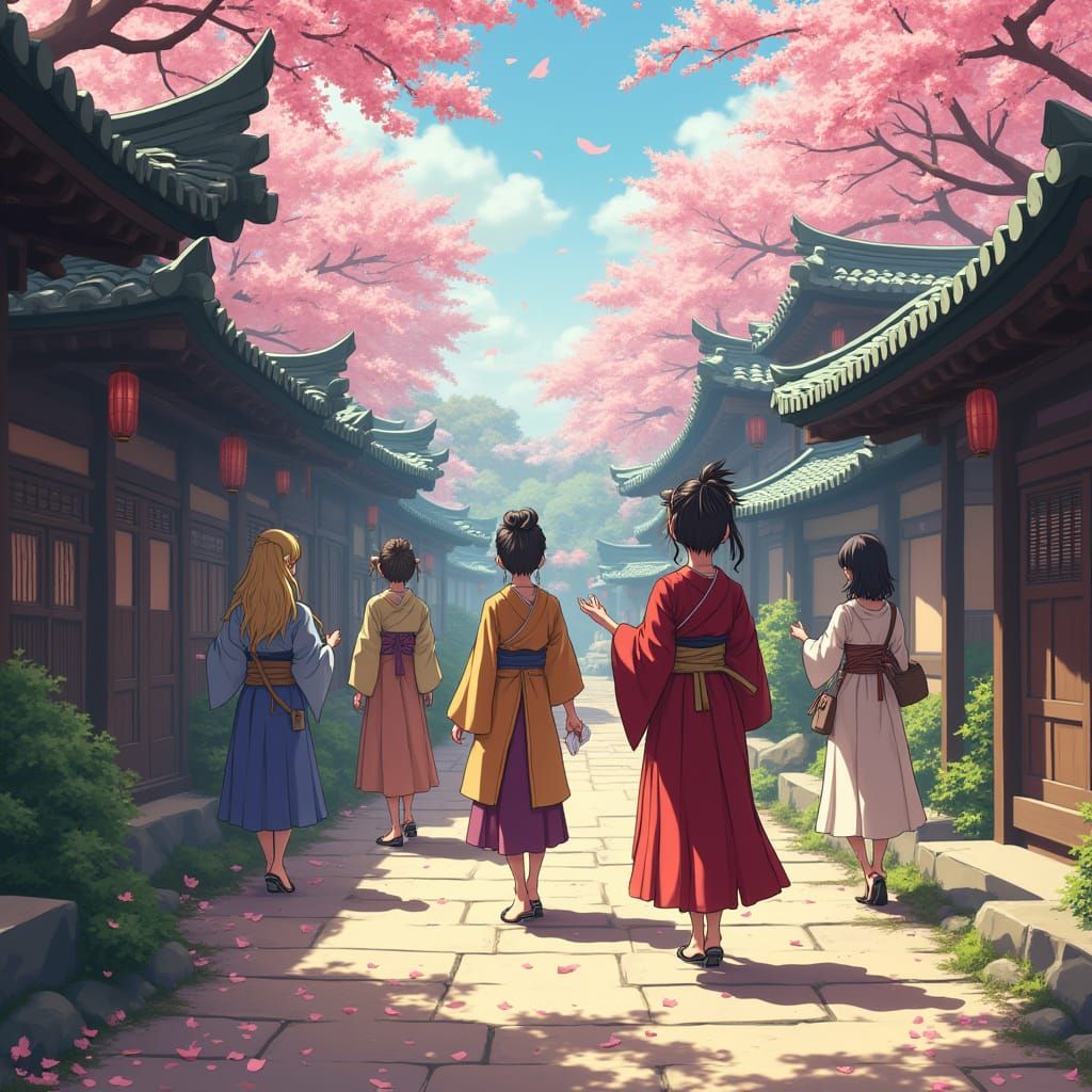 Surreal Anime Temple Village Scene in Cel-Shaded Style