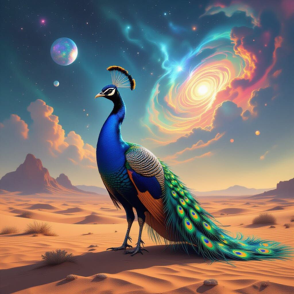 Alien Peacock on Desert Planet in Hyperrealistic Style