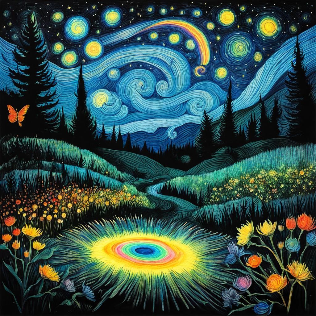 Fairies Gathering on Starry Night: Surreal Crayon Drawing