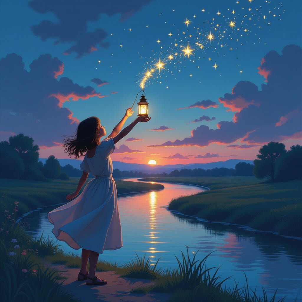 Girl with Lantern Tossing Stars: Matte Painting