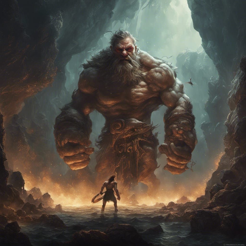 Cyclops Polyphemus Confronts Odysseus: Dark Fantasy Art