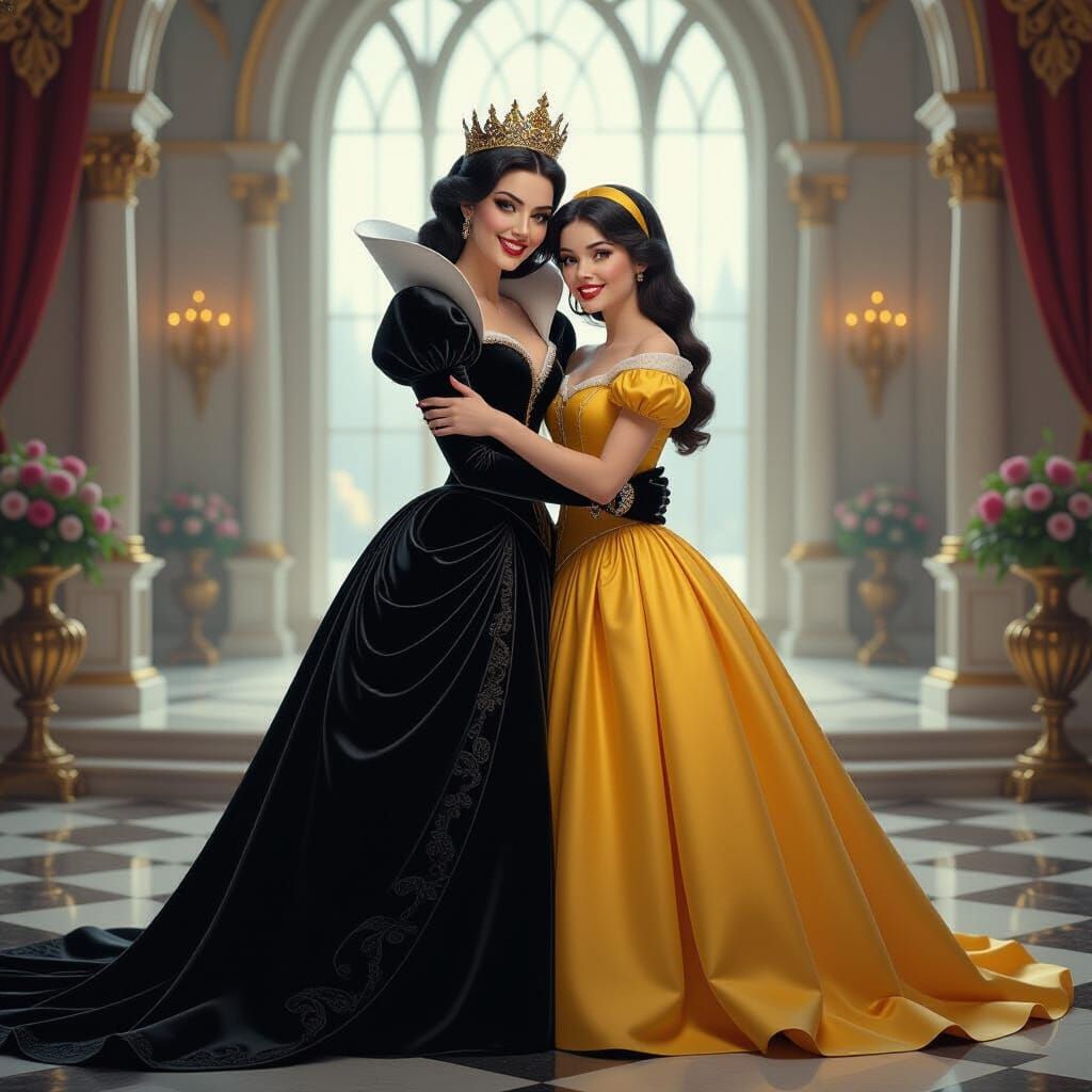 Evil Queen and Snow White Hugging in Castle