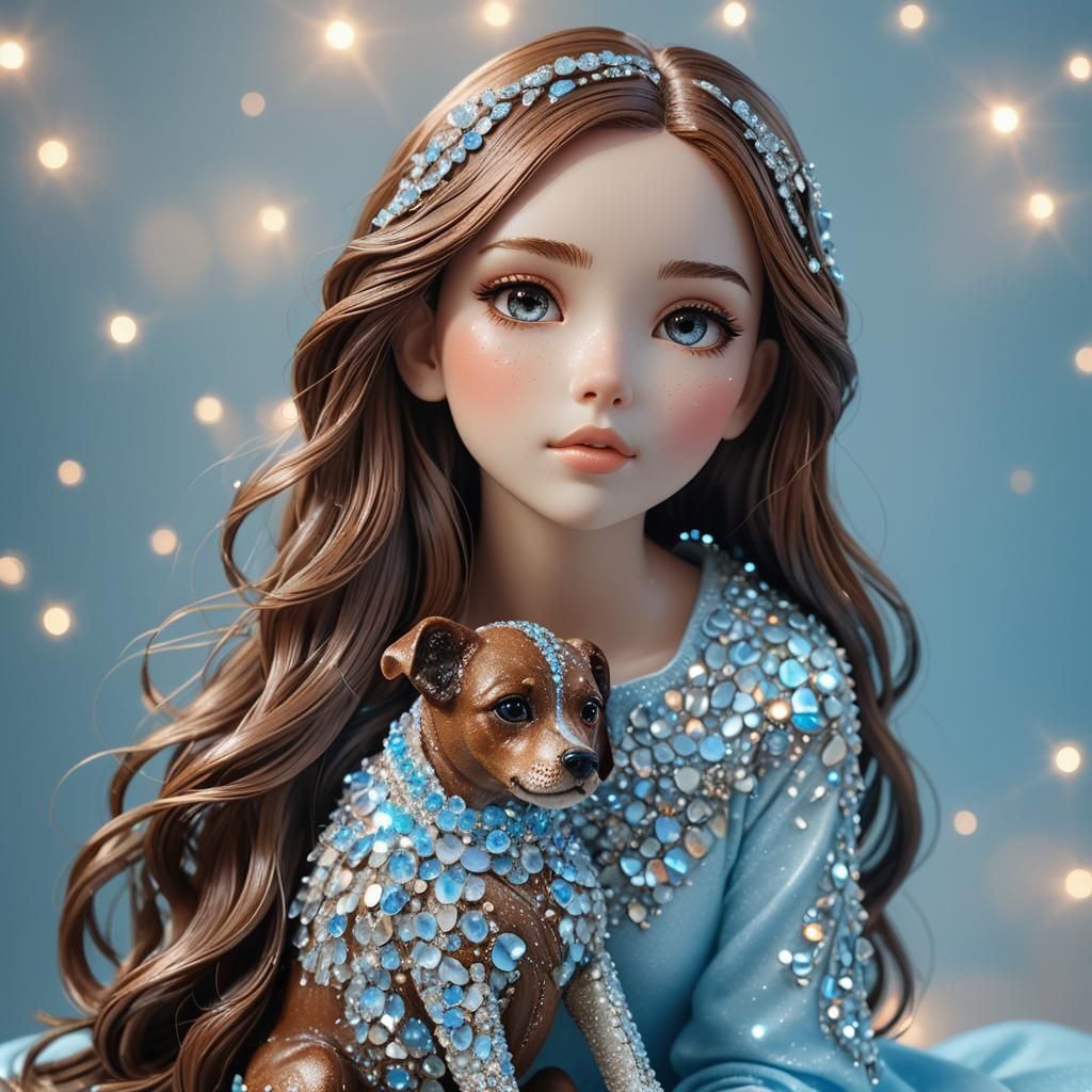 Iridescent Rhinestone Sculpture of Girl and Dog