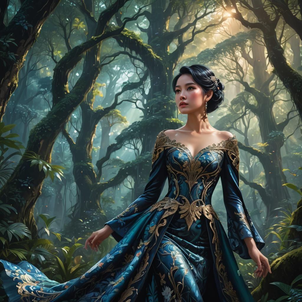 Elegant Thai Woman in Mystical Forest, Rossdraws Style