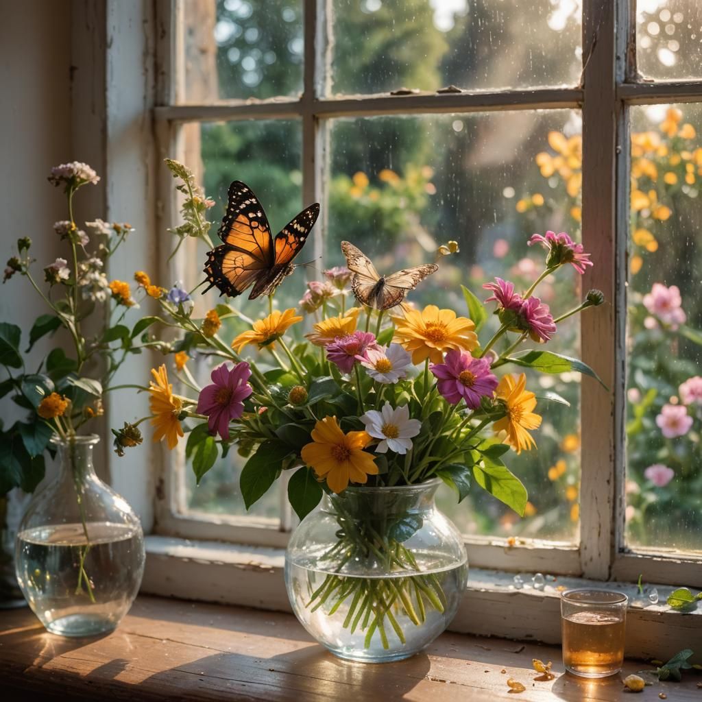 Butterfly and Flowers: Vibrant Impressionist Still Life