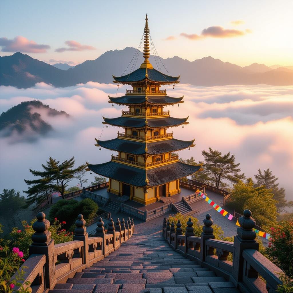 Golden Pagoda in Misty Mountains at Sunrise