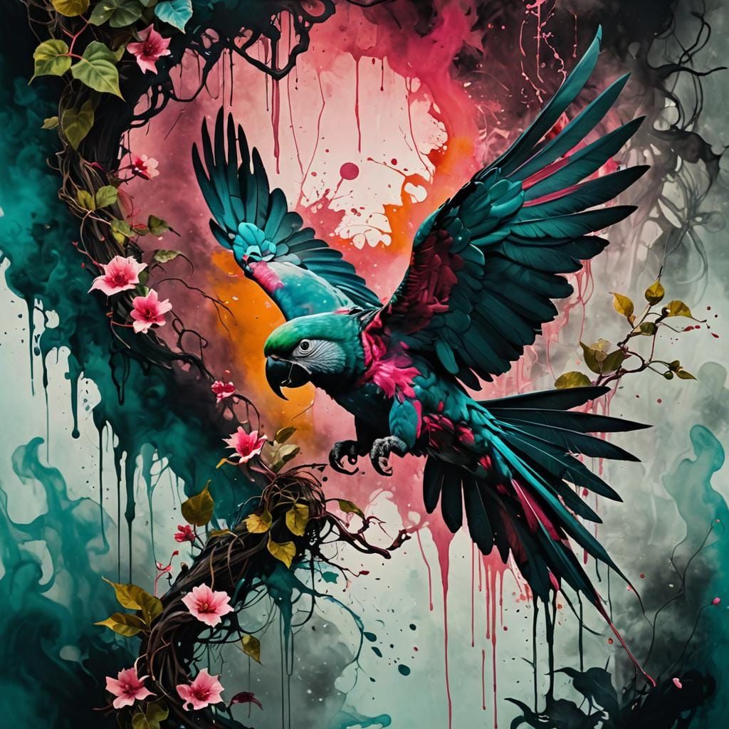 Surreal Parrot Dissolving into Ink in Expressionist Style