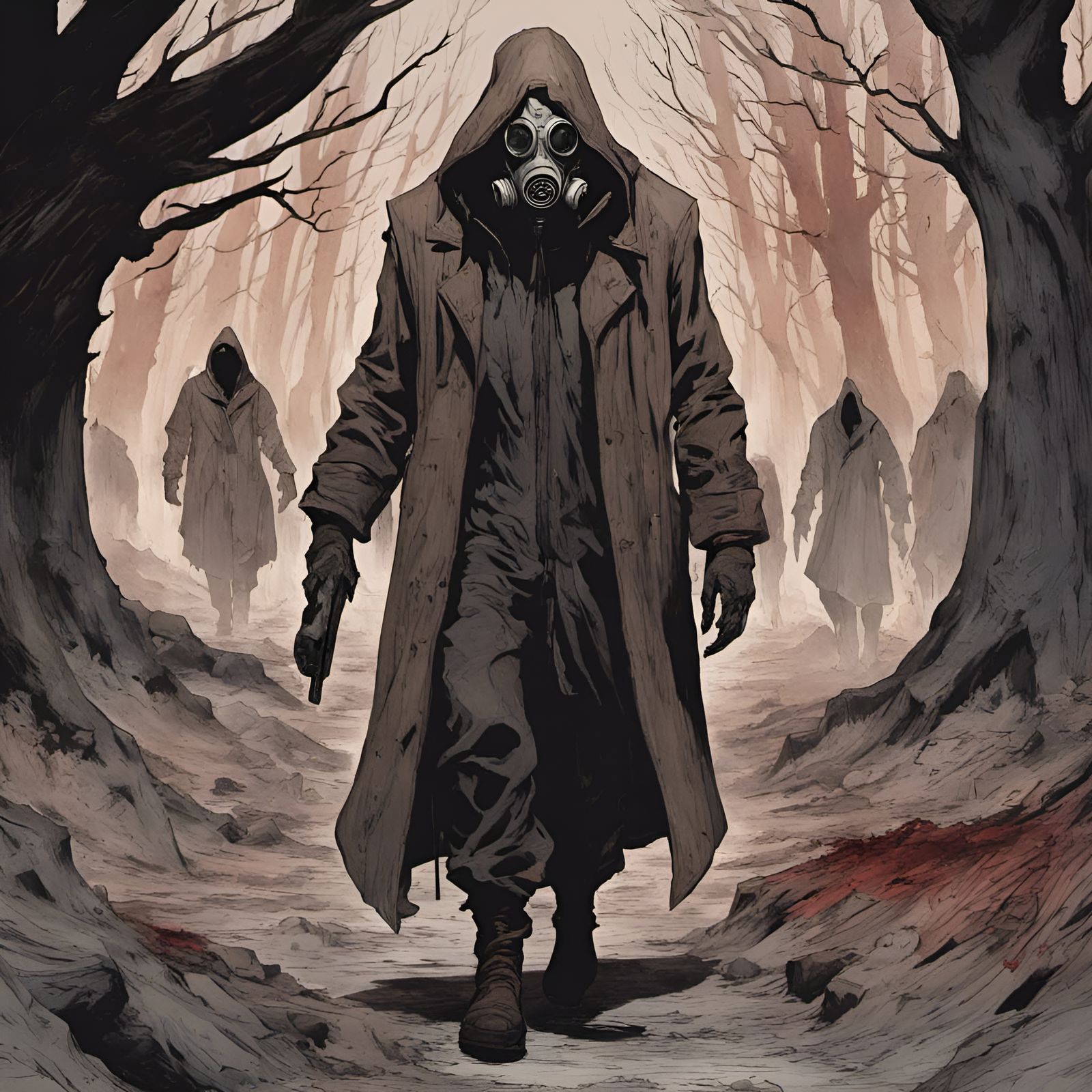 Hyperdetailed Charcoal Drawing of Man Walking Grim Trail