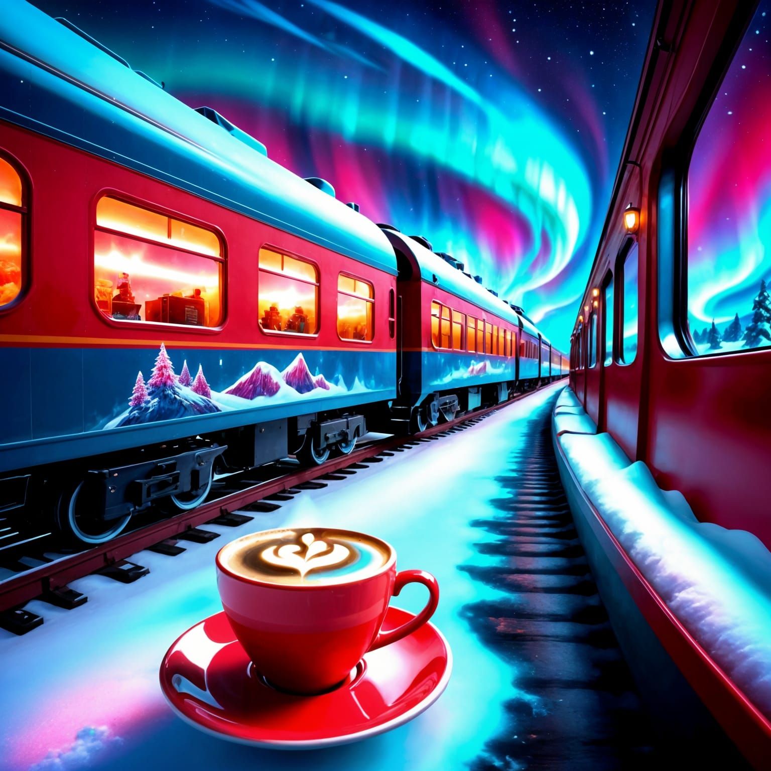 Surreal North Pole Coffee Train amidst Frosty Dreamscapes