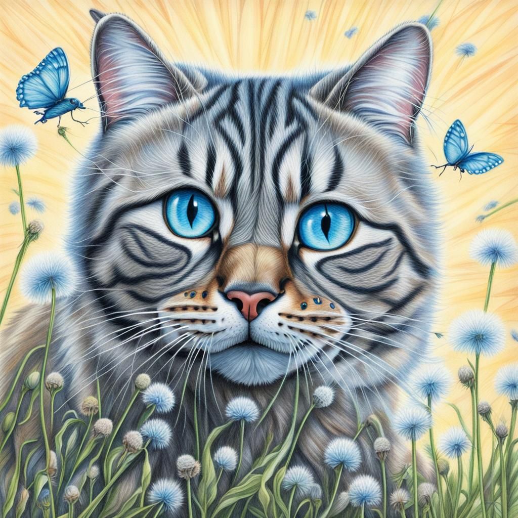 realistic American bobtail cat swatting at floating dandelio...