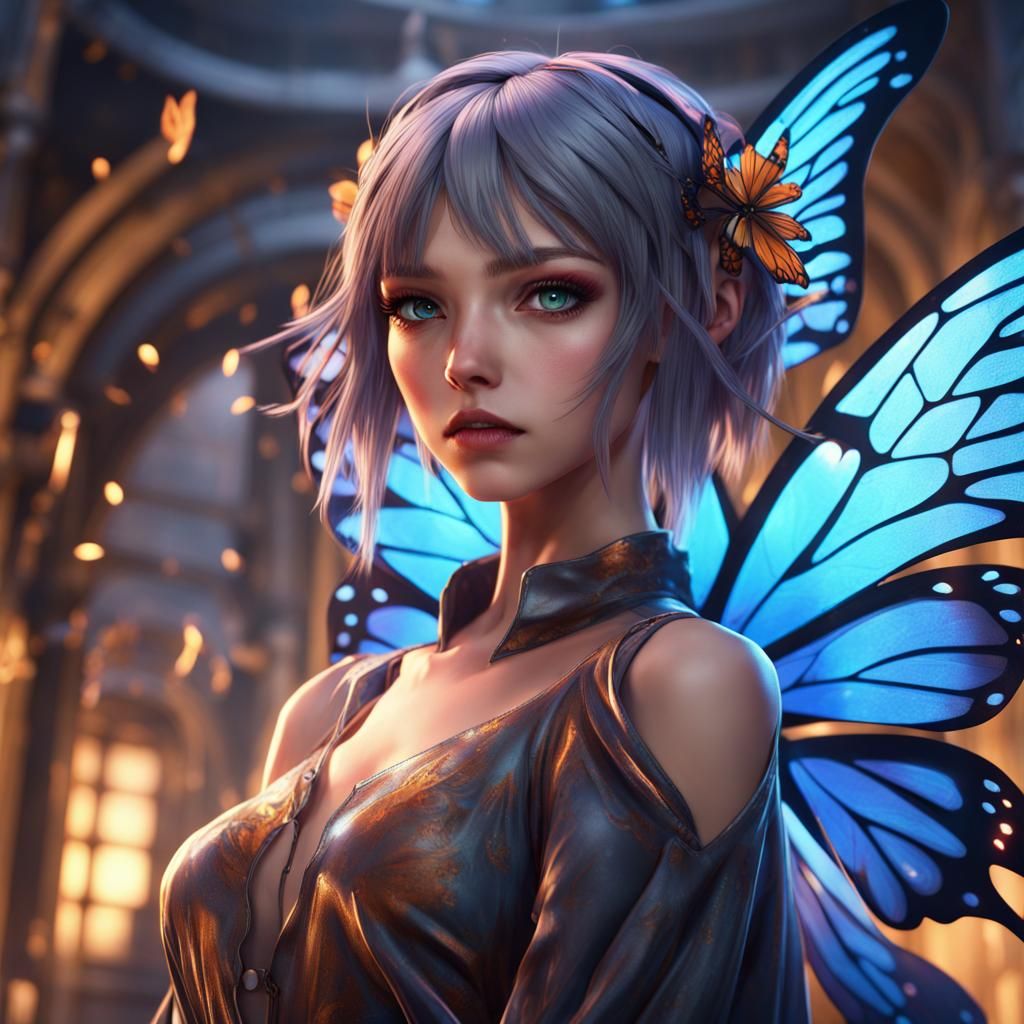 Anime Girl with Butterfly Wings, Detailed Matte Painting