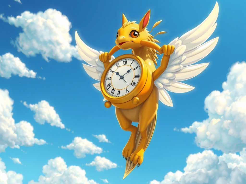 Flying Clock with Wings in Miyazaki Style