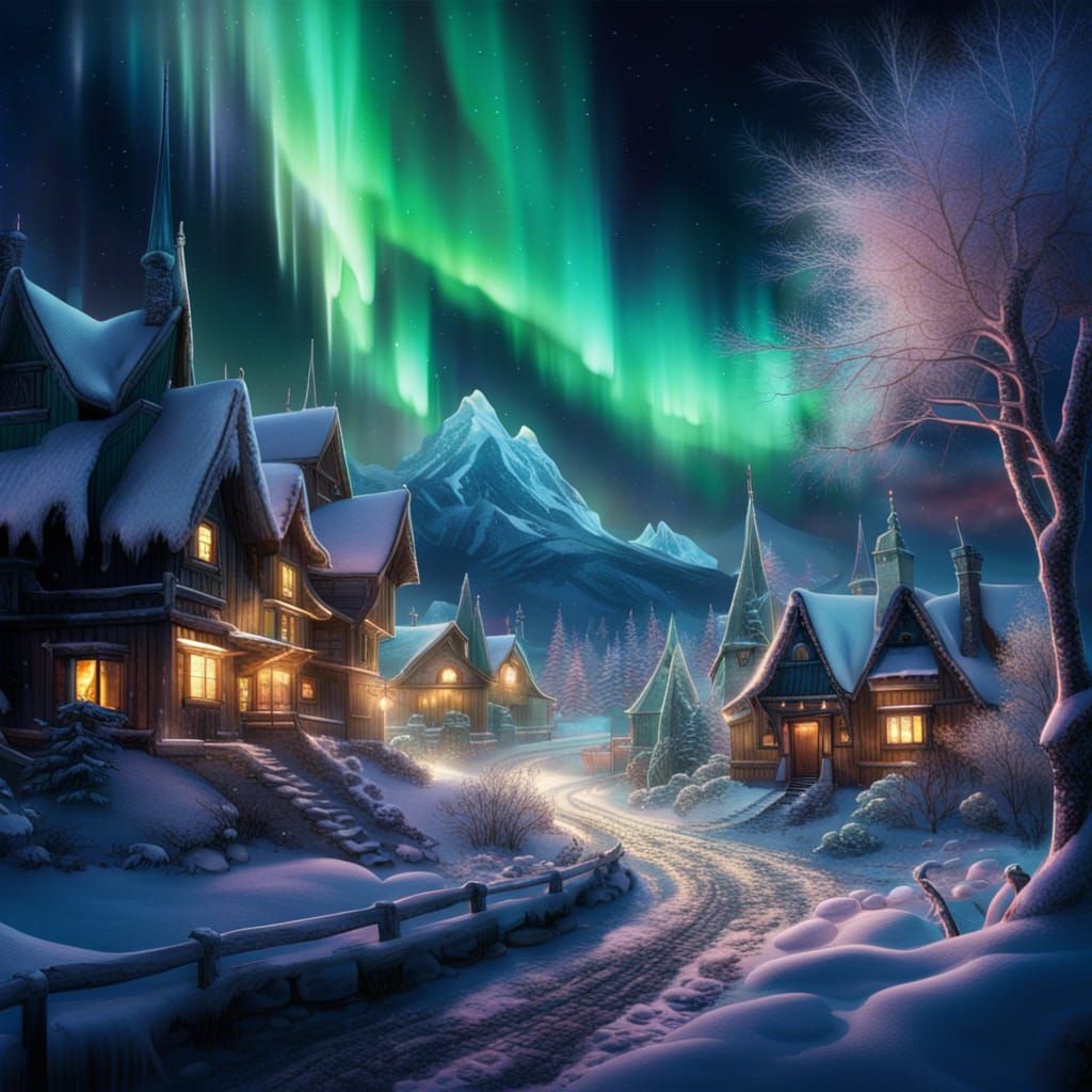 Magical Northern Lights Fantasy Village in the Sky