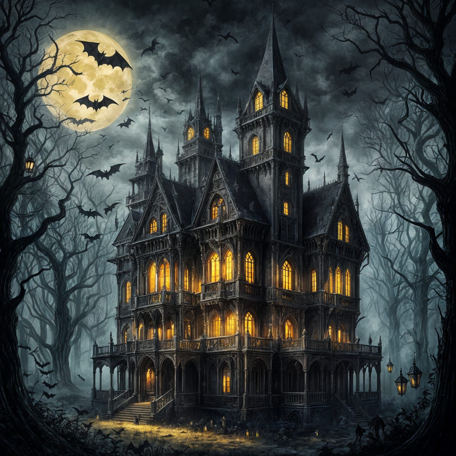 Gothic Haunted Mansion with Glowing Lanterns in Dark Fantasy...