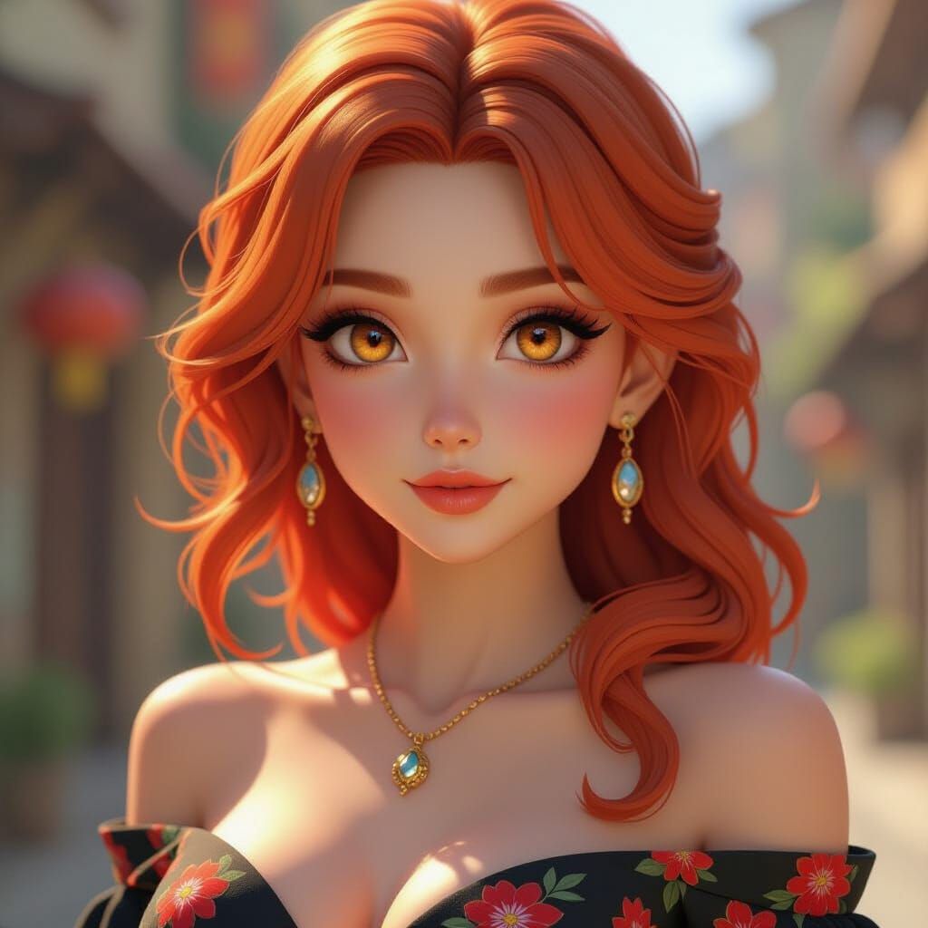 Anime Woman with Fiery Hair and Autumnal Dress