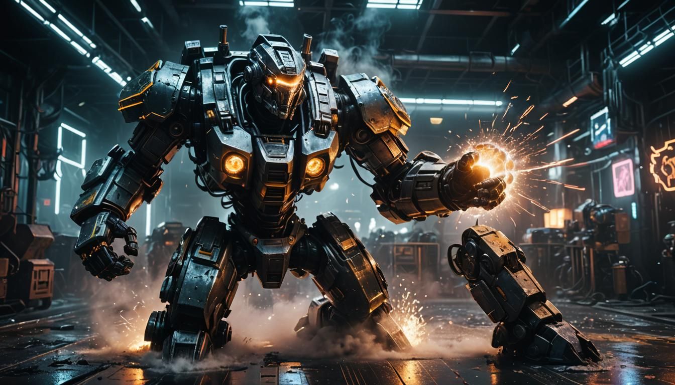 Hyperrealistic Mecha Cage Fight in HDR Photography Style