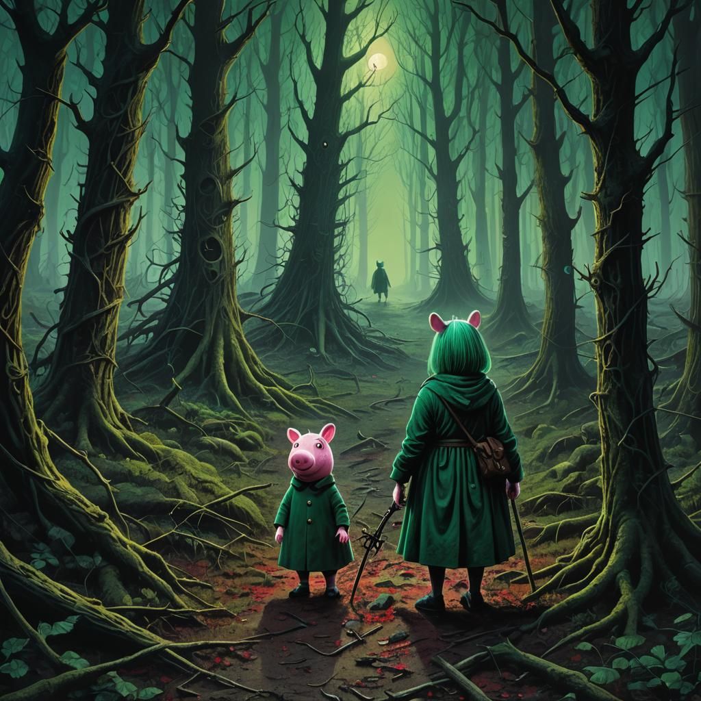 Dark Fantasy Pepa Pig Serial Killer in Gothic Forest
