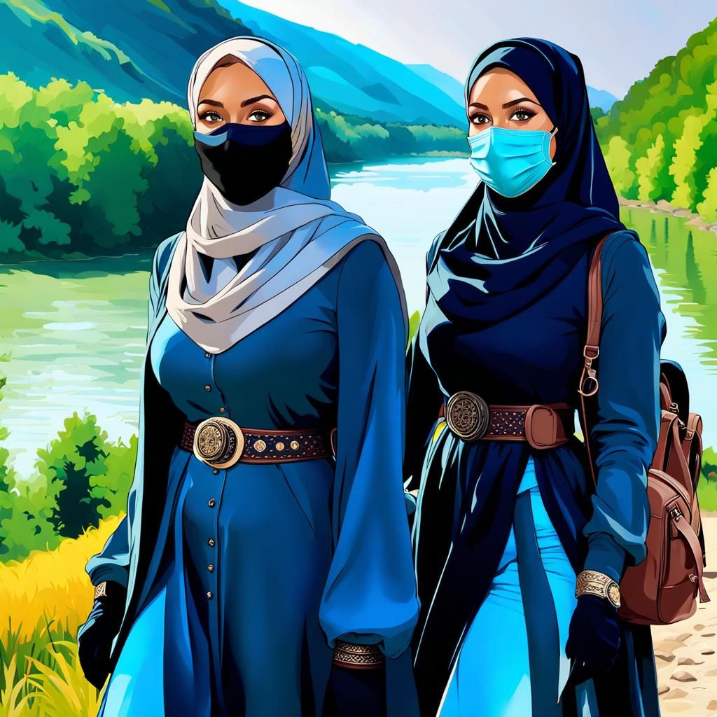 Hijabi Women Hiking Rhine River: Detailed Digital Art