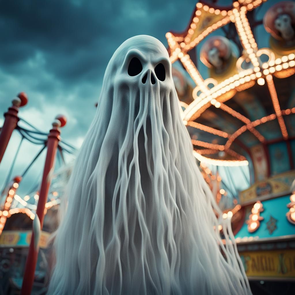 Eerie Carnival Ghost in Hyperrealistic Horror CGI