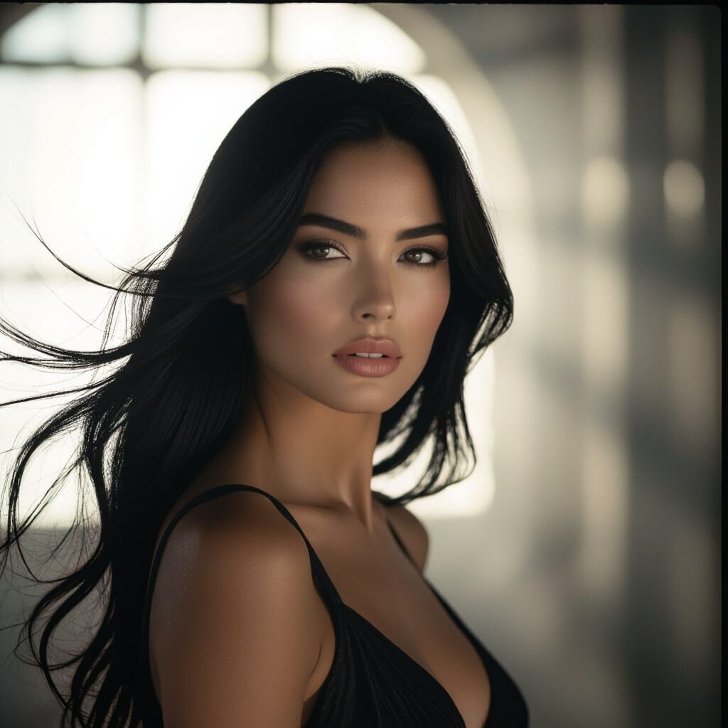 Beautiful Woman with Flowing Black Hair - Cinematic Film Sti...