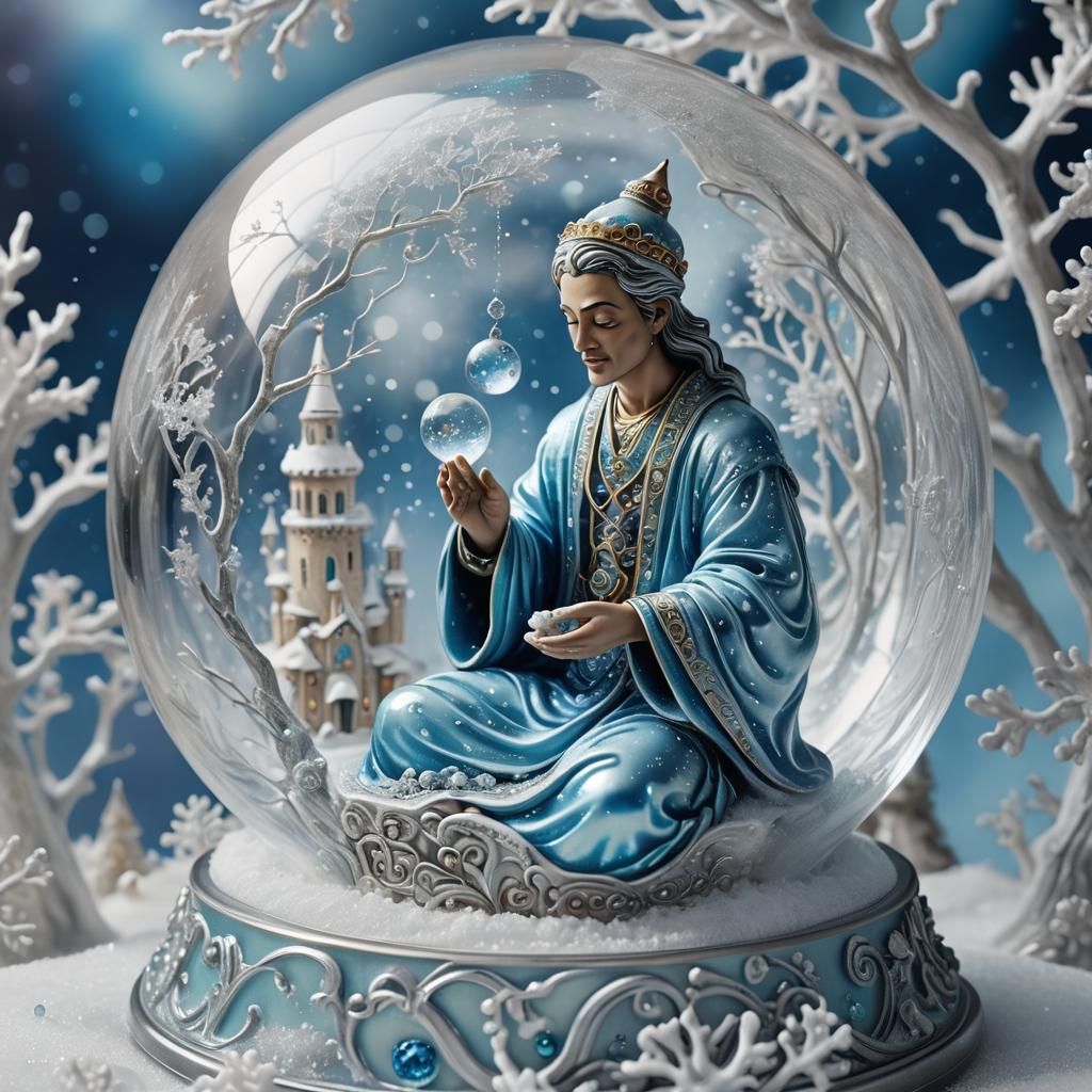 Dreamlike Genie in Whimsical Snowglobe Scene