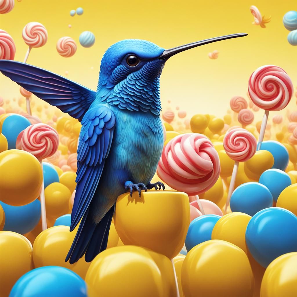 Blue Hummingbird in a Candy Sky: Digital Illustration