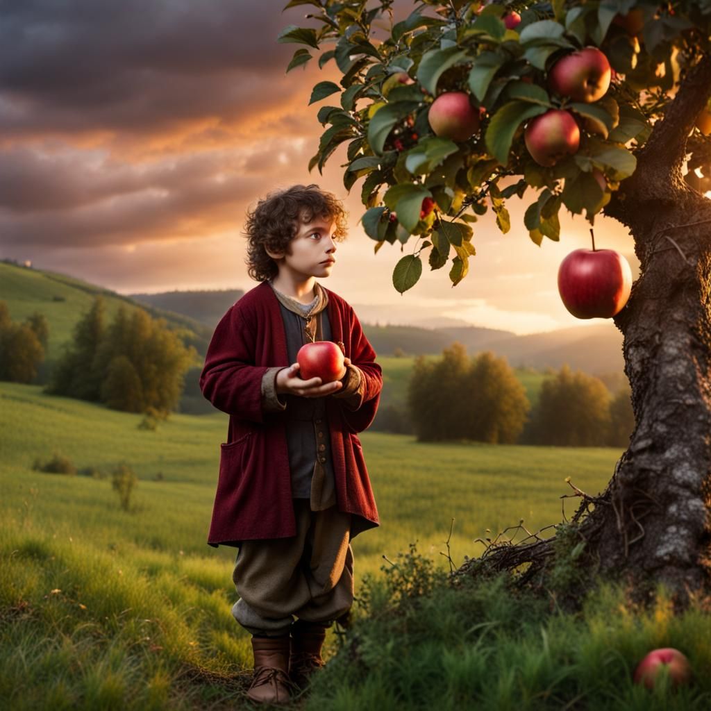 Hobbit and Apple Tree in Middle Earth