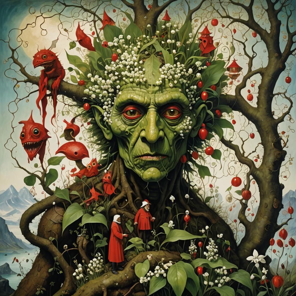 Surrealist Red Oil Painting with Abstract Elements