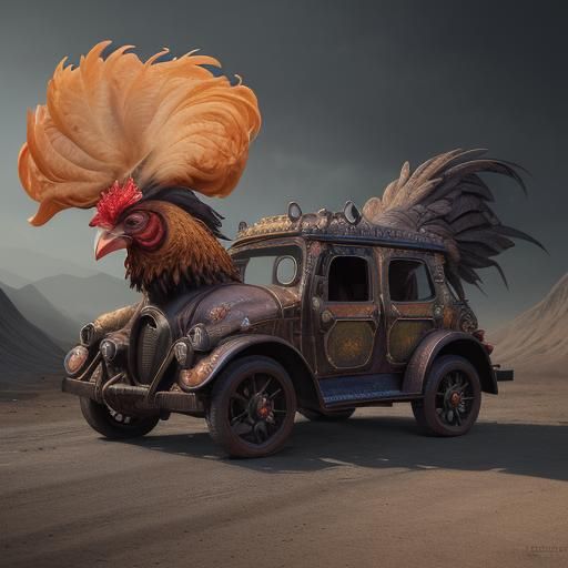 Fantastical Chicken Car Collision: Detailed Matte Painting