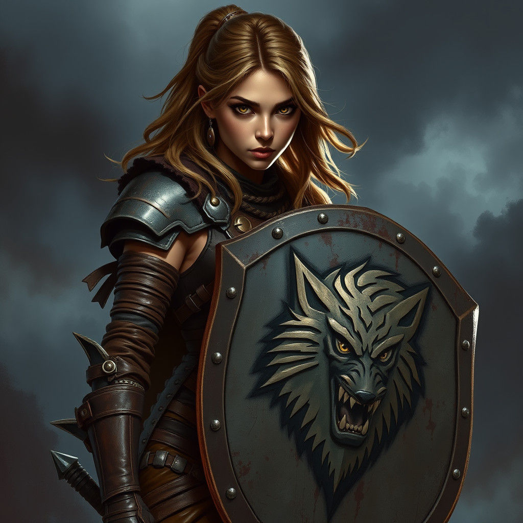 Wolf Shield Maiden in Moody, Atmospheric Style