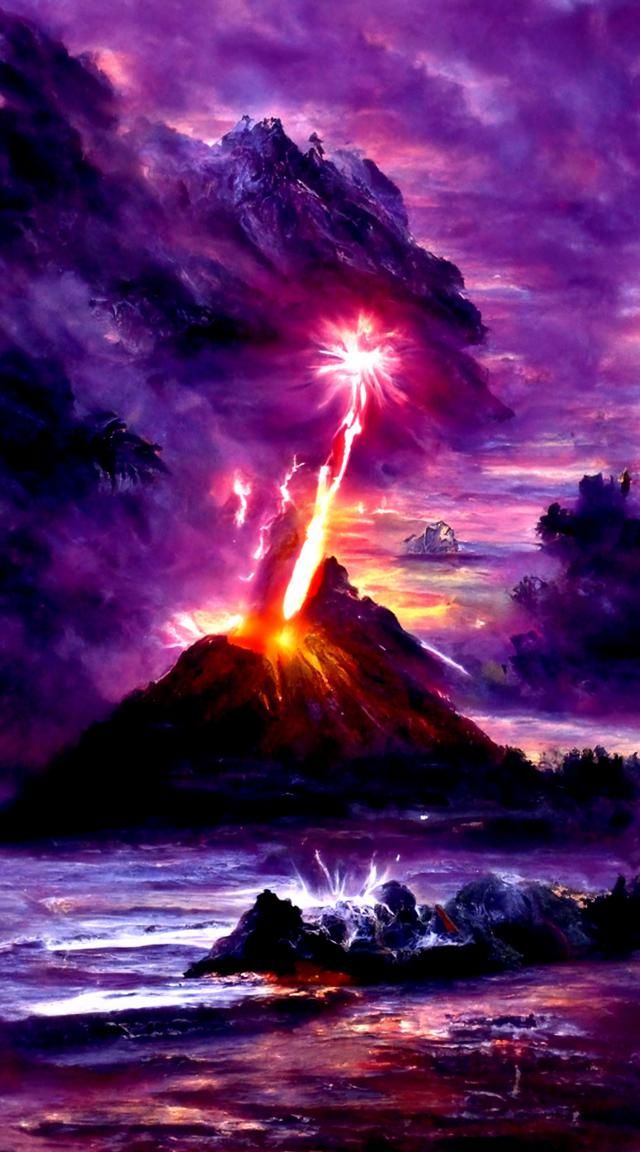 Volcanic Eruption at Dawn: Cosmic Oil Painting