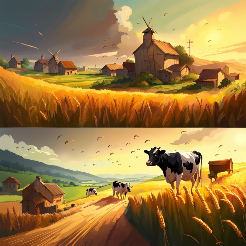 Hyperrealistic Country Village with Wheat Fields