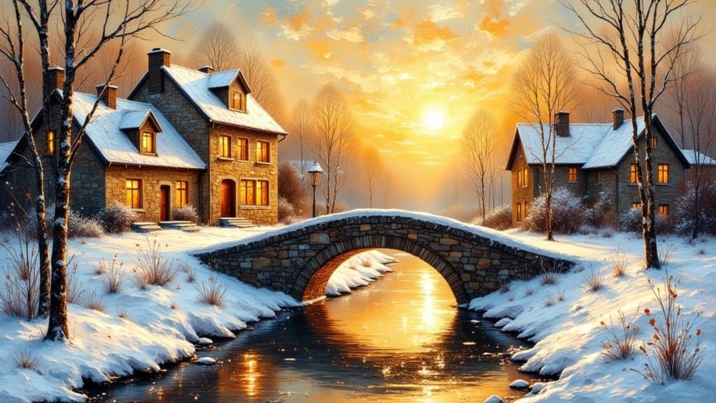 Neo-Expressionist Winter Village Sunset Oil Painting