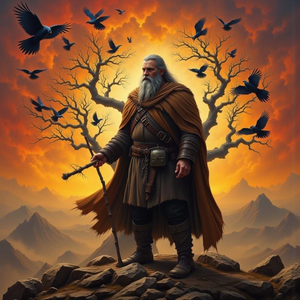 Odin With Ravens Before The Last Tree in Dark Oil Style
