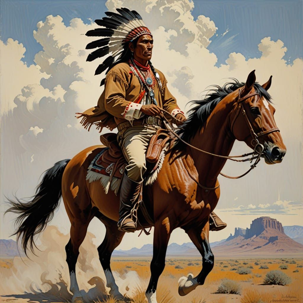 Proud Apache Warrior Rides a Majestic Mustang in a Classic W...