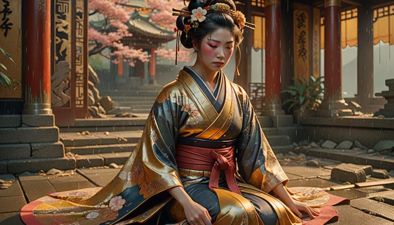 Geisha in Ruined Temple, Art Nouveau Style