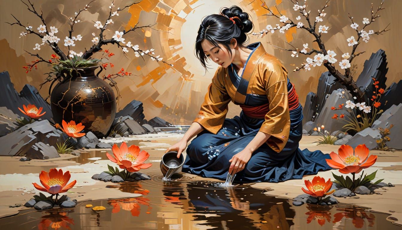Woman Watering Flowers: Impasto Oil Painting in Sashiko Styl...