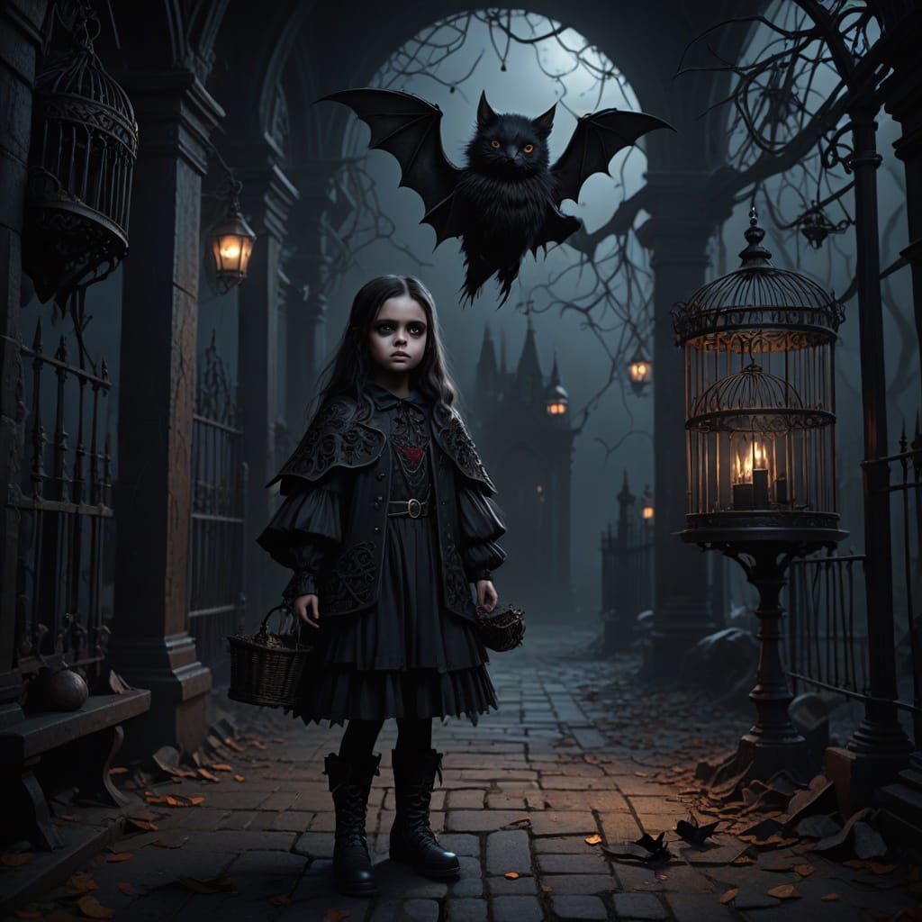 Ethereal Dark Fantasy Portrait with Vampire Wings and Birdca...