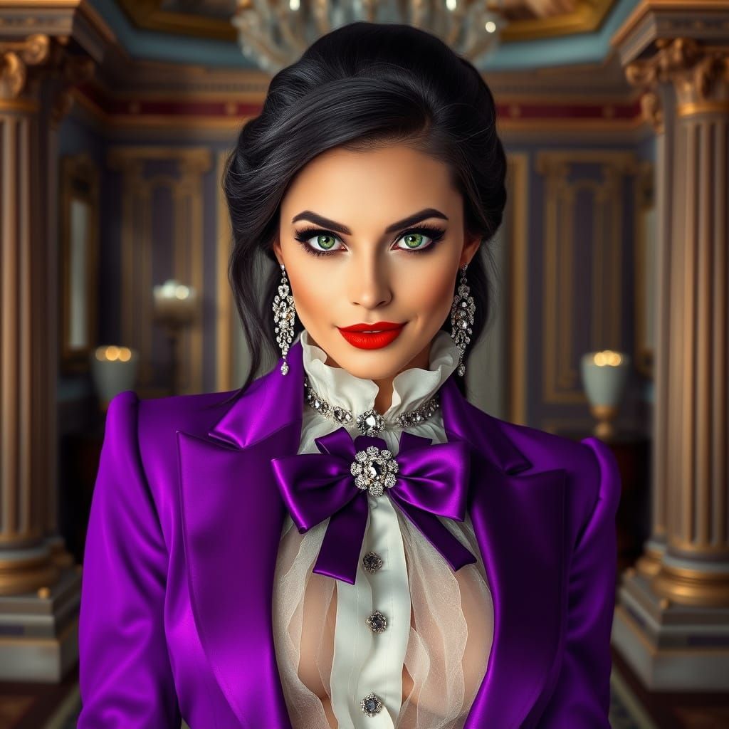 Elegant Brunette in Royal Purple Tuxedo: Glamour Portrait