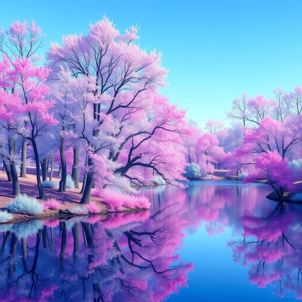 Dreamy Pastel Trees Reflect on Blue Lake