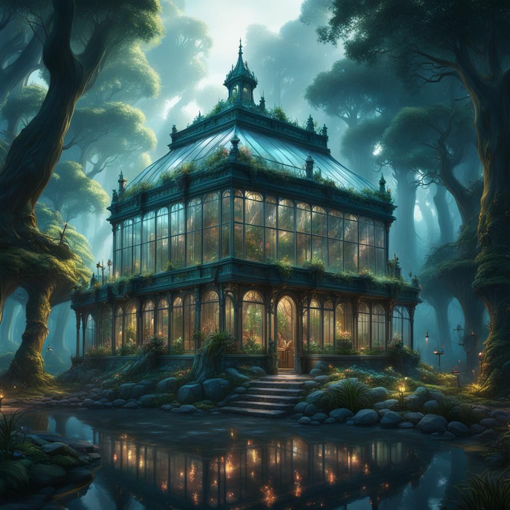 Fantastical Glasshouse in Forest: Detailed Matte Painting
