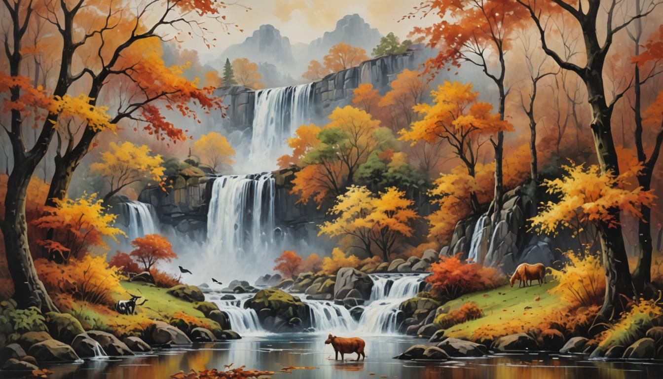Autumn Landscape with Waterfall in Wet-on-Wet Oil Style