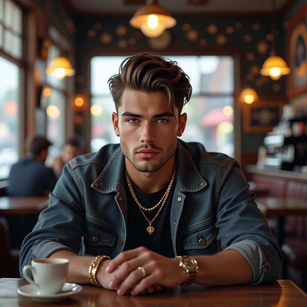 Grunge Guy in Celestial Cafe, Hyperrealistic Digital Art